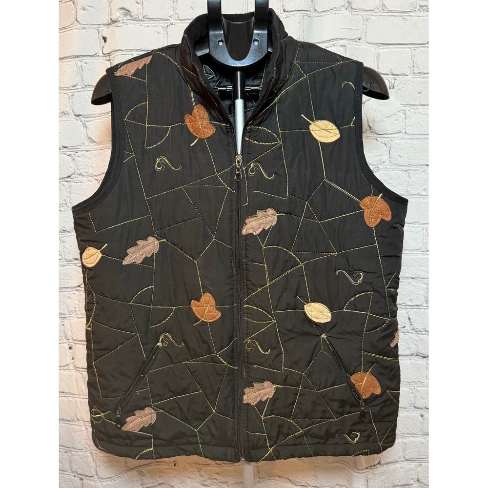 Tall Girl Women's Black‎ Embroidered Leaf Quilted Puffer Vest Full Zip Large